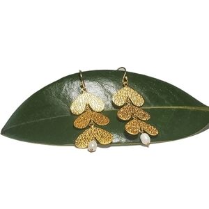 3 Tier Gold Tone Textured Heart Shaped Leaf Drops 3" Long Drop Earrings NWT
